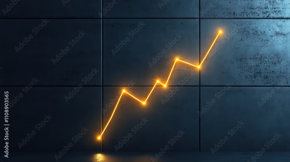 Poster abstract representation of growth and success with glowing line chart on dark textured wall, symboli