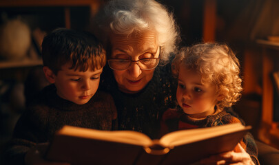 elderly woman grandmother with gray hair reads book to two grandsons boys in a cozy, warmly room. The children sit close, attentively listening. concept of relationships grandmothers and grandchildren