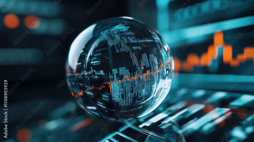 Poster Futuristic Transparent Globe Surrounded by Digital Data Visualizations and Stock Market Charts Depicting Global Economic Trends and Technology Integration