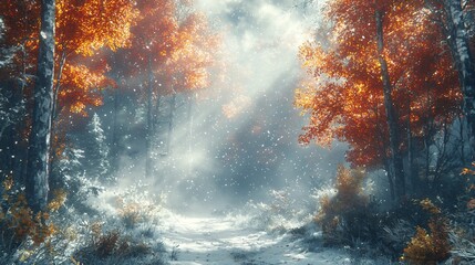 Fototapeta premium Fog enshrouded autumn forest with sunlight filtering through colorful leaves