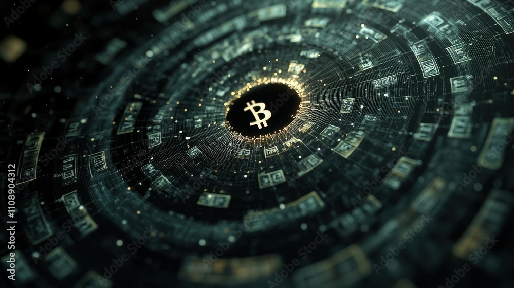 Poster Digital Visualization of Bitcoin Cryptocurrency Surrounded by Spiraling Currency, Representing the Convergence of Finance and Technology in the Modern Economy