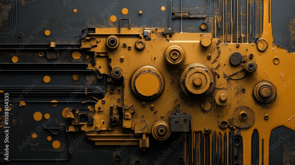Poster Abstract industrial background with yellow and black textures featuring circular and linear patterns, showcasing a blend of mechanical and artistic design elements.