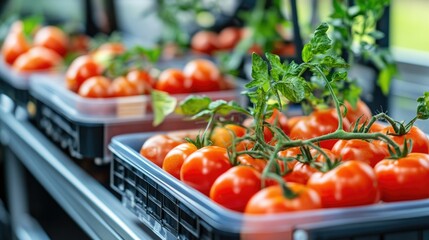 Rows of automated labeling machines printing on plastic trays filled with fresh red tomatoes