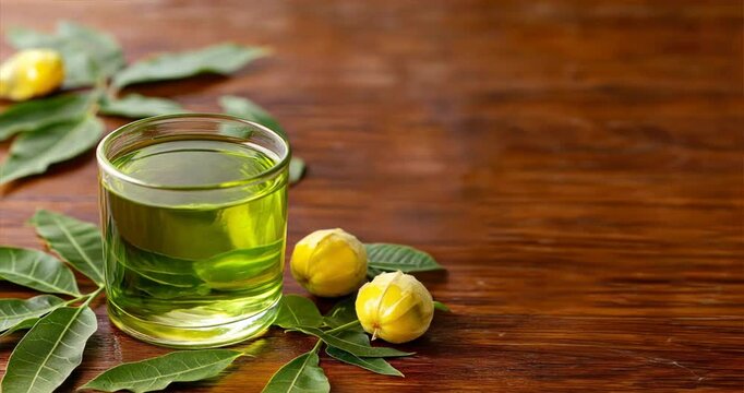 Curved glass of transparent green oil with neem leaves and two small yellow fruits on the table, natural skincare, ayurvedic skincare, eco skincare