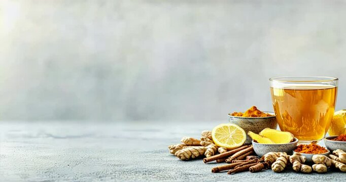 Turmeric tea with ginger lemon and cayenne pepper showcased on the right side of an empty space, natural wellness, ayurvedic skincare, herbal skincare
