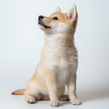 Adorable puppy looking upwards on white