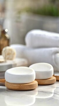 Close up of two round white soap bars on wooden stands with soft lighting and a blurred background, vegan skincare, herbal skincare, organic skincare