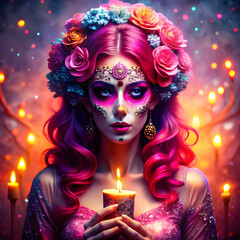 Obraz premium Mystical Woman with Sugar Skull Makeup and Glowing Pink Hair