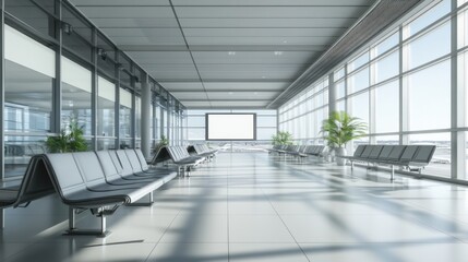 Fototapeta premium Modern airport terminal interior with seating and screen 