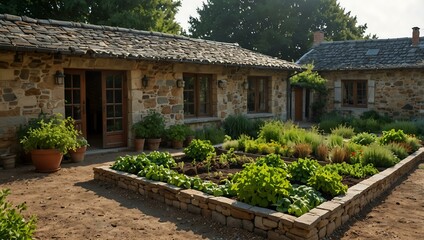 Stone house with vegetable beds in a rural courtyard.