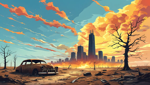 Abandoned car in a post-apocalyptic city