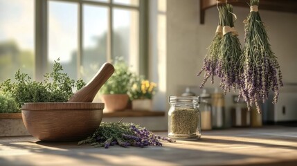 Bundles of dried herbs in rustic kitchen with mortar and jar