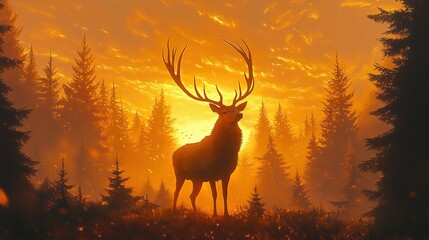 Naklejka premium Deer silhouette at sunset in the forest with antlers and nature elements
