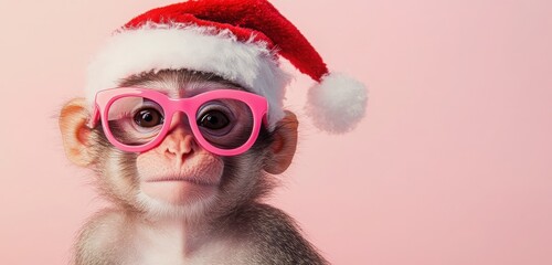 A playful, high-quality image of a cute monkey wearing pink sunglasses and a red Santa hat, set against a soft pink background. 