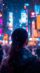 Fototapeta premium Young Asian woman gazes at vibrant city lights in a snowy evening atmosphere.