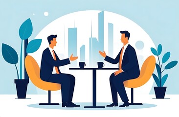 An illustration in 2D flat style featuring a character meeting with a business partner to discuss a new venture. The minimalist design highlights the collaboration and partnership