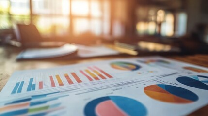 Close-up of financial charts and graphs on a wooden desk in a bright office.