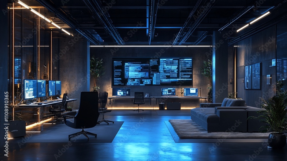 Poster modern tech-infused control room with blue lighting, multiple monitors displaying data, and comforta