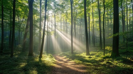 Fototapeta premium Sunbeams in Mystical Forest Path
