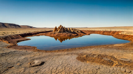 Unique geological formations in a desert landscape with winding rivers under a cloudy sky
