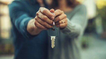 Fototapeta premium Couple holding house keys, new home, ownership.