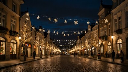 Obraz premium Street decorated for Christmas in a small European town.