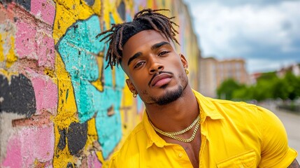 Man with dreadlocks stands in front of a colorful wall. He is wearing a yellow shirt and a gold necklace