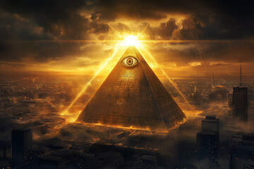 The all-seeing eye symbol glowing brightly atop a golden pyramid, set against a dark stormy sky, casting beams of light across a futuristic city.
