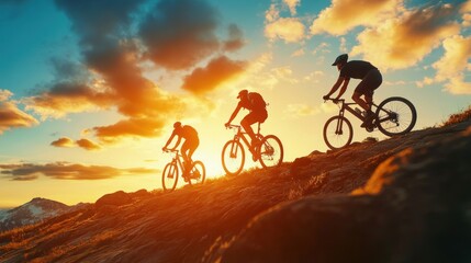 Obraz premium Silhouetted cyclists riding on a rocky path during a vibrant sunset.