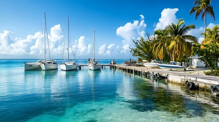 Luxury sailboats docked at a marina against a backdrop of a blue sea and clear skies