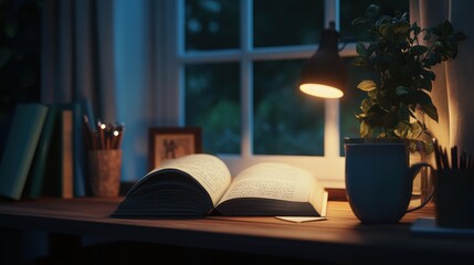 Fototapeta premium A book is open on a desk with a lamp and a plant