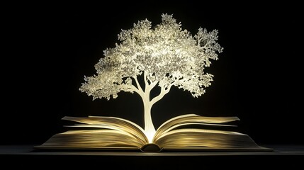 A tree is shown in the middle of an open book