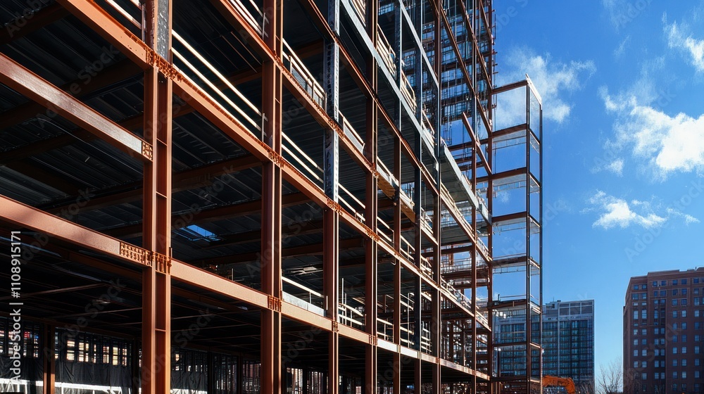 Poster steel frame structure of a modern building under construction