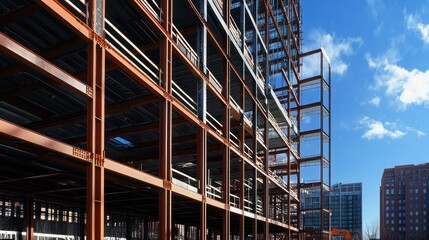Steel Frame Structure Of A Modern Building Under Construction