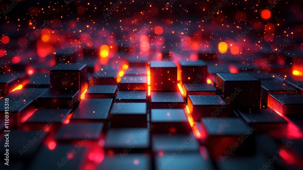 Fototapete Abstract digital composition featuring illuminated cubes and sparkles on a dark surface, creating a dynamic and immersive visual experience for technology and design projects