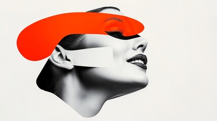 Woman's face is obscured by a red band. The woman is smiling. The red band is a bold statement that draws attention to the woman's face. The image is a creative