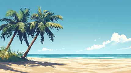 Obraz premium Sandy beach with palm trees swaying gently in the breeze near the sea