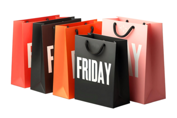 Transparent background featuring Black Friday sale shopping bags for advertising use.