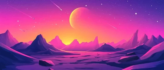 Vibrant cosmic landscape with mountains and celestial bodies 