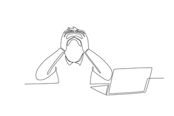 Single continuous line drawing of Stressed employee while working in front of laptop. Dynamic single line draw design graphic vector illustration.