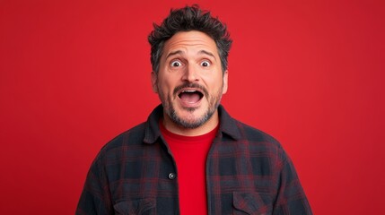 Obraz premium Man with a beard and mustache is wearing a plaid shirt and a red shirt. He is making a funny face and has his mouth open
