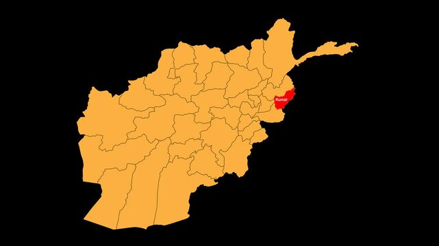 Kunar map animated video. The location is highlighted on the Afghanistan map. Colour map with transparent background in video format.	
