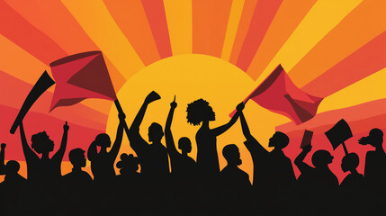 Silhouettes of people raising flags and fists against a vibrant sunrise celebrating Black History Month