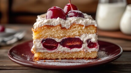 A slice of cherry cream cake on a plate, garnished with cherries and whipped cream.