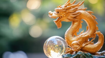 Fototapeta premium Golden Dragon Sculpture with Crystal Sphere on a Soft Bokeh Background