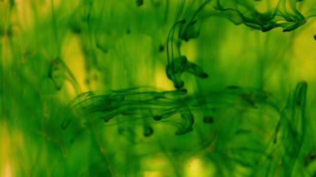 Green ink breaks up in water creating abstract structures, inky background
