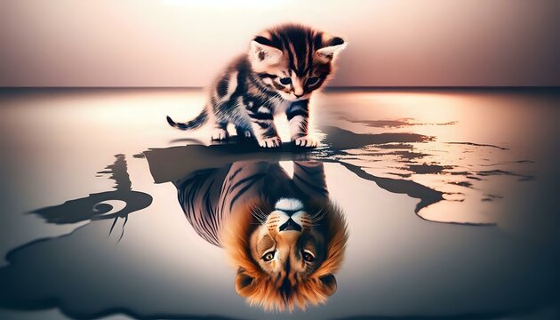 Kitten's Reflection: A Lion's Heart