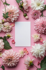 Elegant Flat Lay of Pink and White Flowers with Blank Card on Pink Background