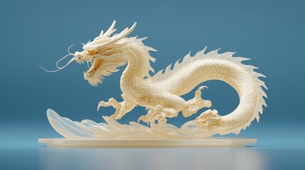 Fototapeta premium Elegant White Dragon Sculpture Surrounded by Graceful Waves