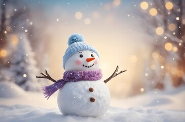 Fototapeta premium Cheerful snowman standing tall in the winter snow, spreading holiday cheer and warmth on frosty day. Christmas greeting card template. Funny festive character. Merry Christmas and happy new year 